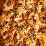One pan baked dumplings in creamy coconut curry sauce topped with cilantro and chili crunch