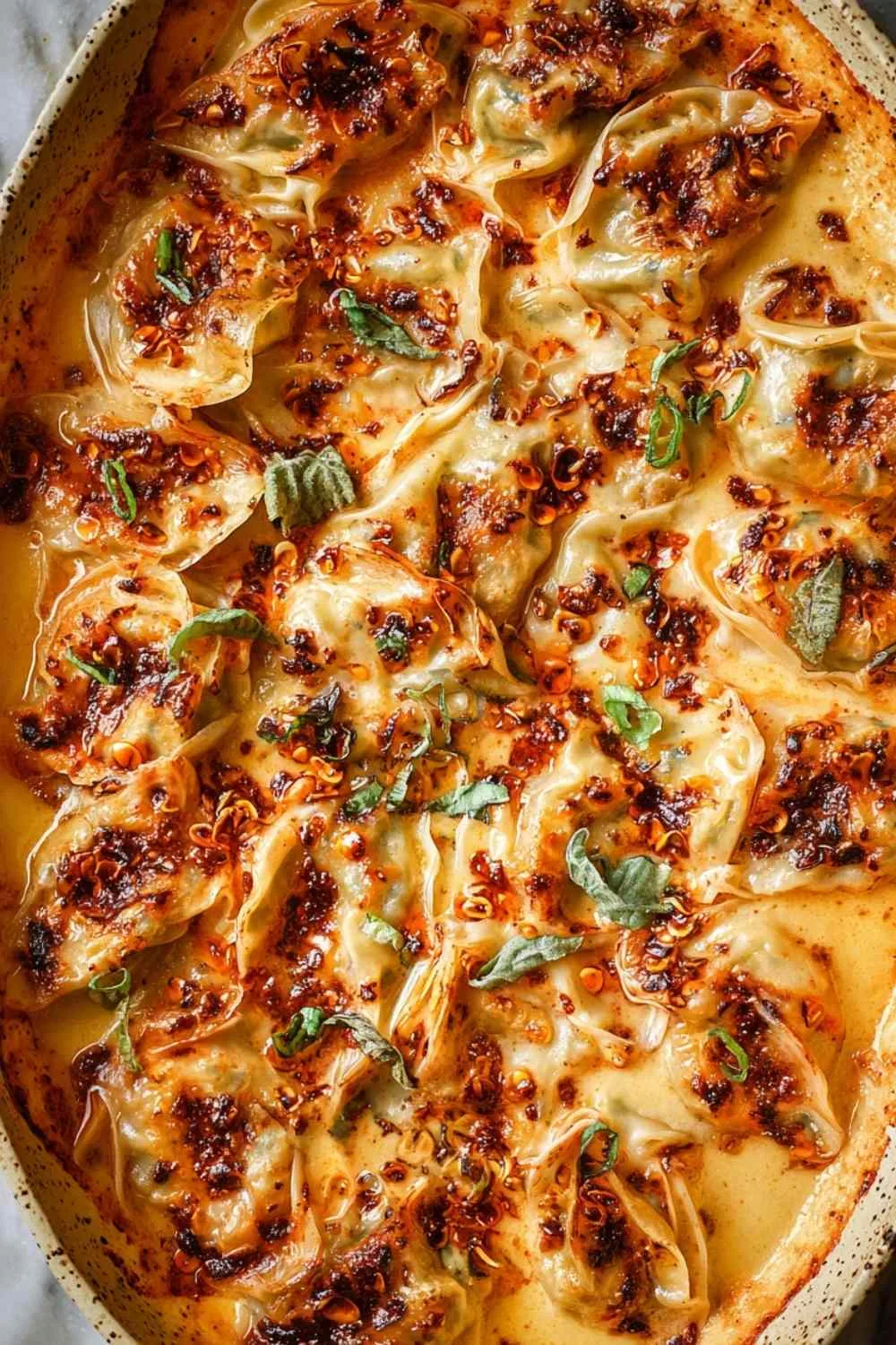 One pan baked dumplings in creamy coconut curry sauce topped with cilantro and chili crunch