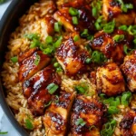Served plate of Honey BBQ Chicken Rice with steamed broccoli for easy weeknight dinner