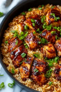 Served plate of Honey BBQ Chicken Rice with steamed broccoli for easy weeknight dinner