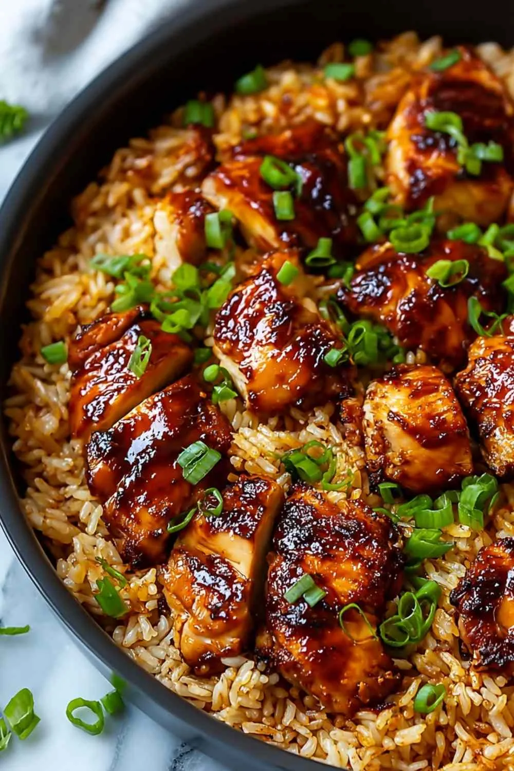 Served plate of Honey BBQ Chicken Rice with steamed broccoli for easy weeknight dinner