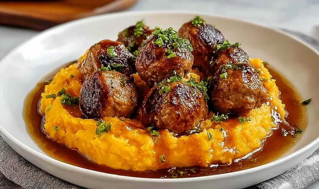 Pork Meatballs with Sweet Potato Mash Bourbon Maple Pan Sauce