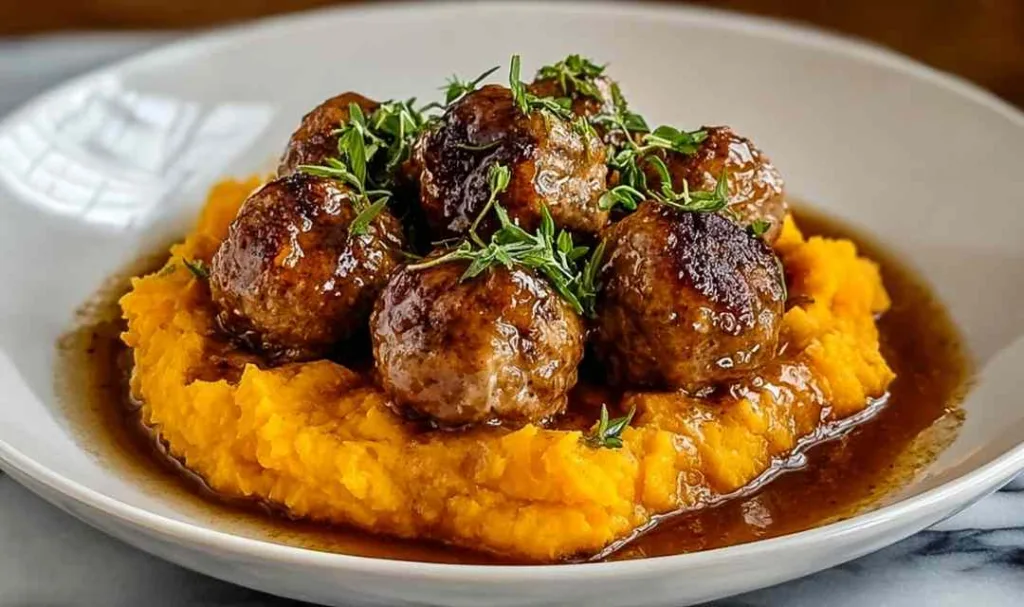 Pork Meatballs with Sweet Potato Mash Bourbon Maple Pan Sauce