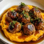 Pork Meatballs with Sweet Potato Mash Bourbon Maple Pan Sauce