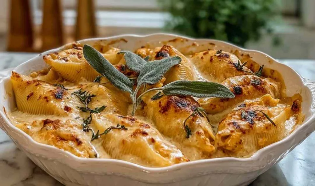 Close up of pumpkin stuffed shells showing creamy gouda filling and sage leaves