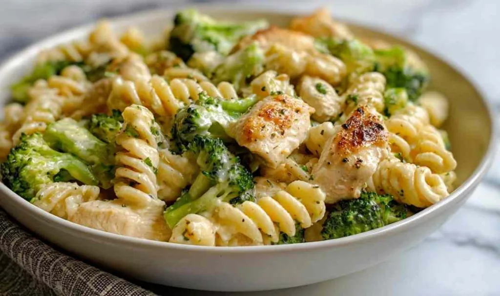 Creamy Rotisserie Chicken Broccoli Pasta in white bowl