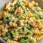 Creamy Rotisserie Chicken Broccoli Pasta in white bowl