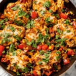 Close up of Santa Fe chicken with stretchy melted cheese and cilantro garnish