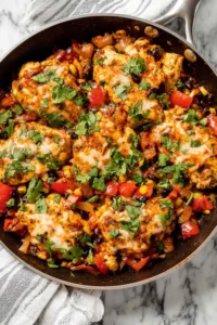 Close up of Santa Fe chicken with stretchy melted cheese and cilantro garnish