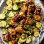 Close-up of hot honey glazed chicken thigh with caramelized edges and fork-tender zucchini