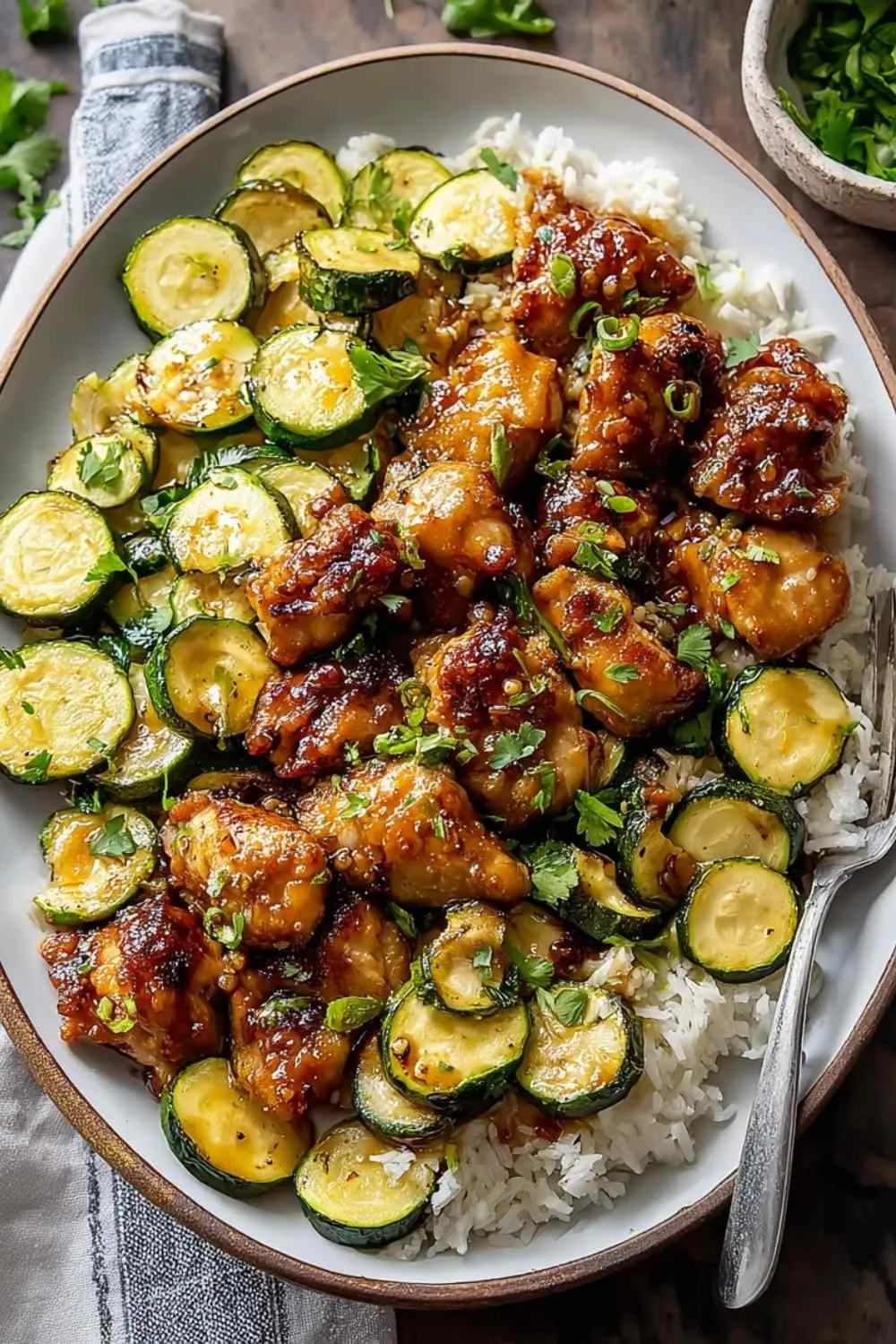 Close-up of hot honey glazed chicken thigh with caramelized edges and fork-tender zucchini