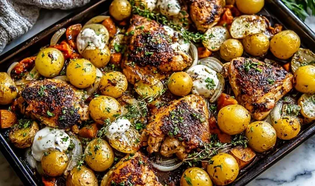 Sheet pan lemon balsamic chicken potatoes with golden roasted edges