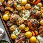 Sheet pan lemon balsamic chicken potatoes with golden roasted edges