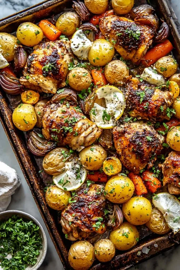 Sheet pan lemon balsamic chicken potatoes with golden roasted edges