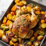 Close up of crispy sheet pan maple mustard roasted chicken thigh with caramelized vegetables