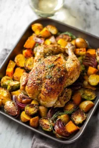 Close up of crispy sheet pan maple mustard roasted chicken thigh with caramelized vegetables