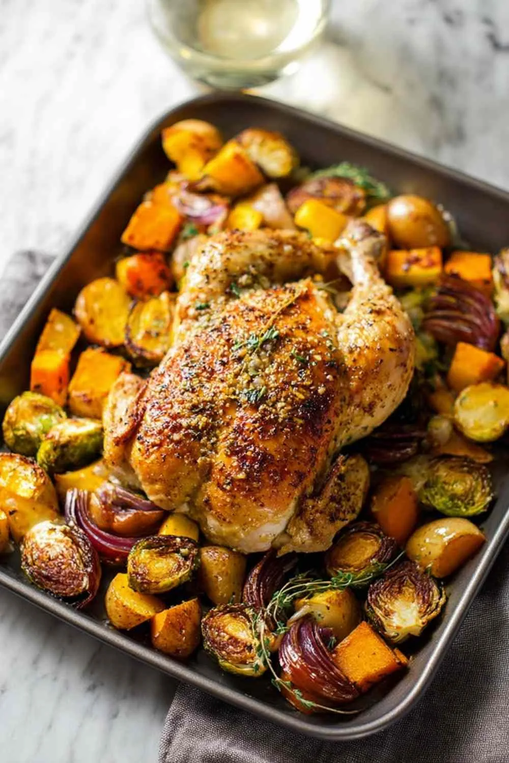 Close up of crispy sheet pan maple mustard roasted chicken thigh with caramelized vegetables