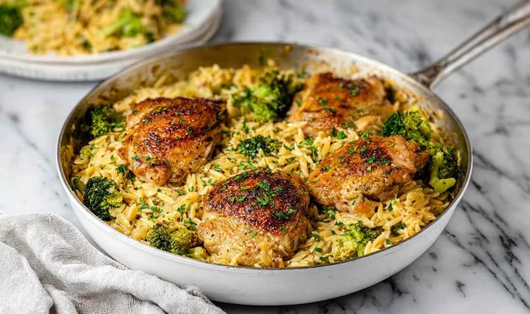 Skillet Chicken Thighs with Broccoli Cheddar Orzo