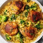 Chicken thighs browning in skillet before adding orzo and broccoli