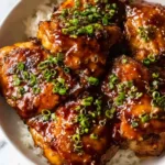 Slow Cooker Honey Garlic Chicken served over steamed jasmine rice