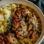 Smothered chicken thighs gravy in skillet with golden crispy skin and creamy sauce