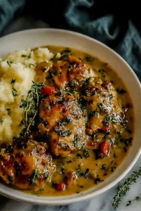 Smothered chicken thighs gravy in skillet with golden crispy skin and creamy sauce