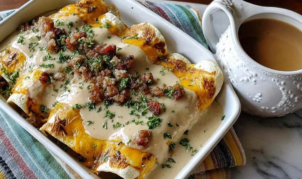 Southern Breakfast Enchiladas with Sausage Gravy in baking dish