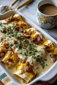 Southern Breakfast Enchiladas with Sausage Gravy in baking dish