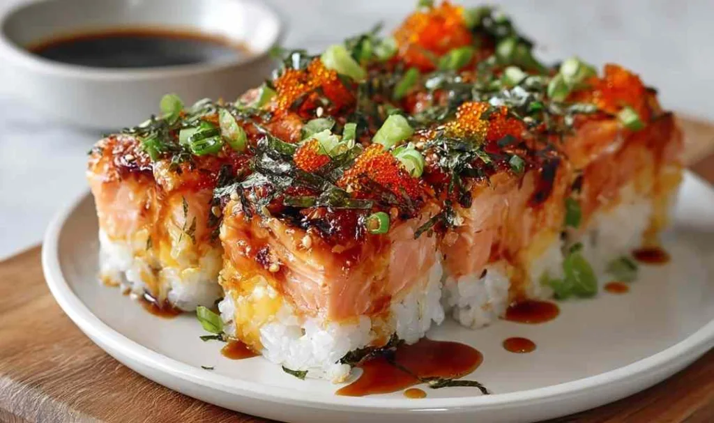 Spicy Salmon Sushi Bake in baking dish with golden bubbly top and nori garnish