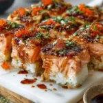 Serving Spicy Salmon Sushi Bake on plate with nori sheet and chopsticks