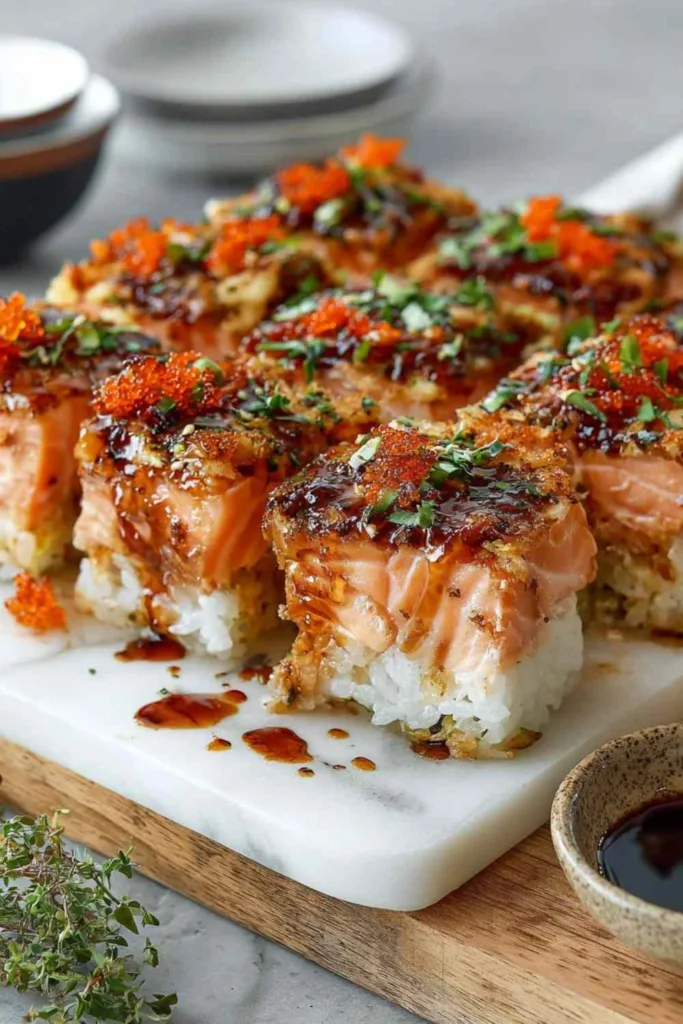 Serving Spicy Salmon Sushi Bake on plate with nori sheet and chopsticks