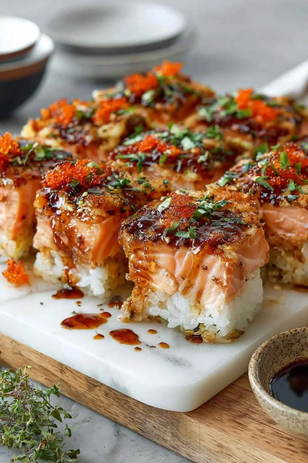 Serving Spicy Salmon Sushi Bake on plate with nori sheet and chopsticks