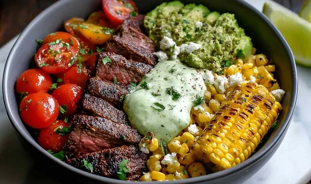Steak & Avocado Roasted Corn Bowl with Cilantro Cream Sauce