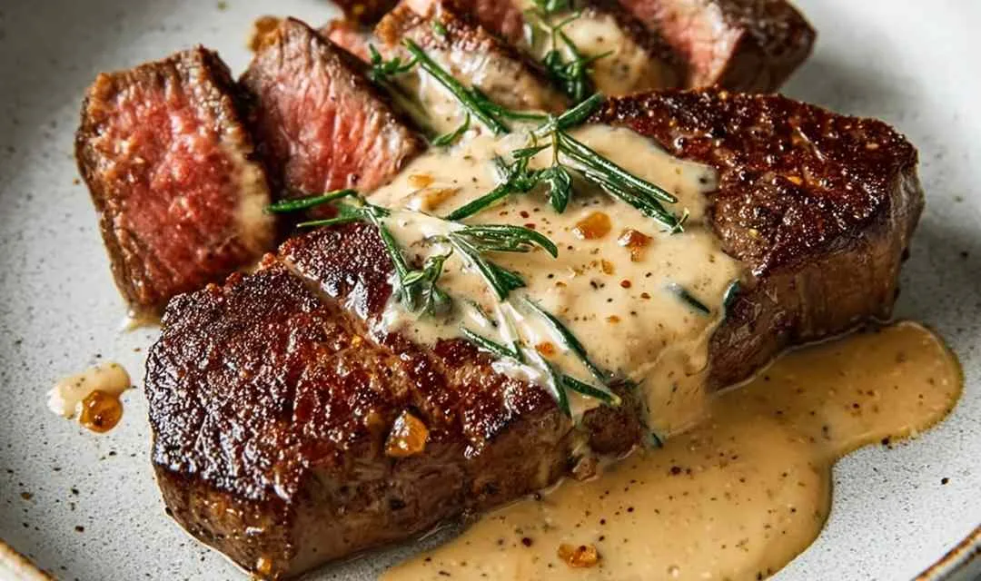Steak with Bourbon Garlic Cream Sauce