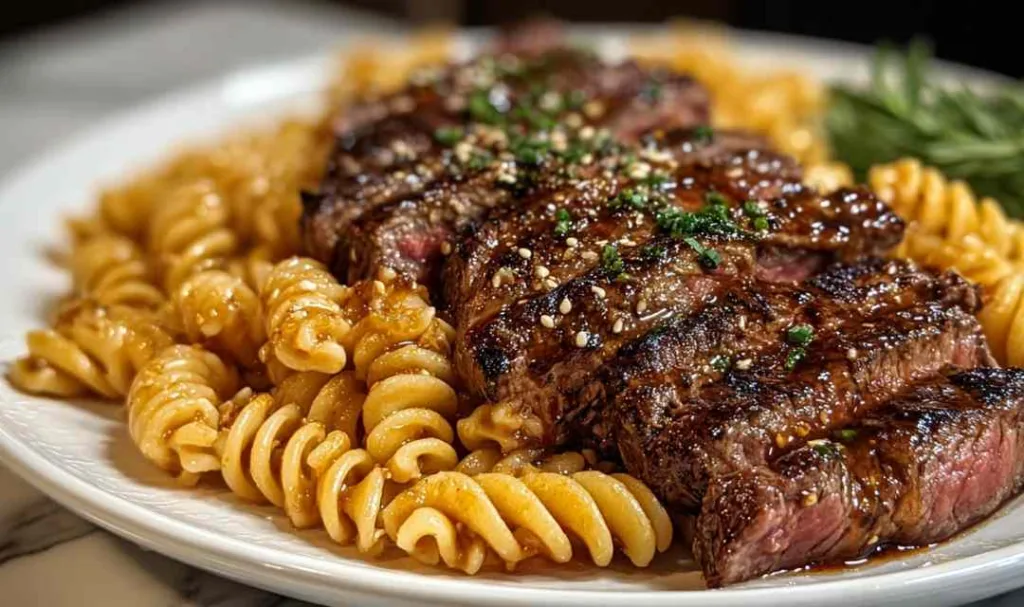 Sliced steak cooking in honey garlic sauce in skillet