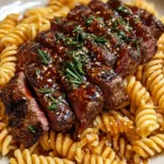 Rotini pasta being stirred into honey garlic steak in skillet