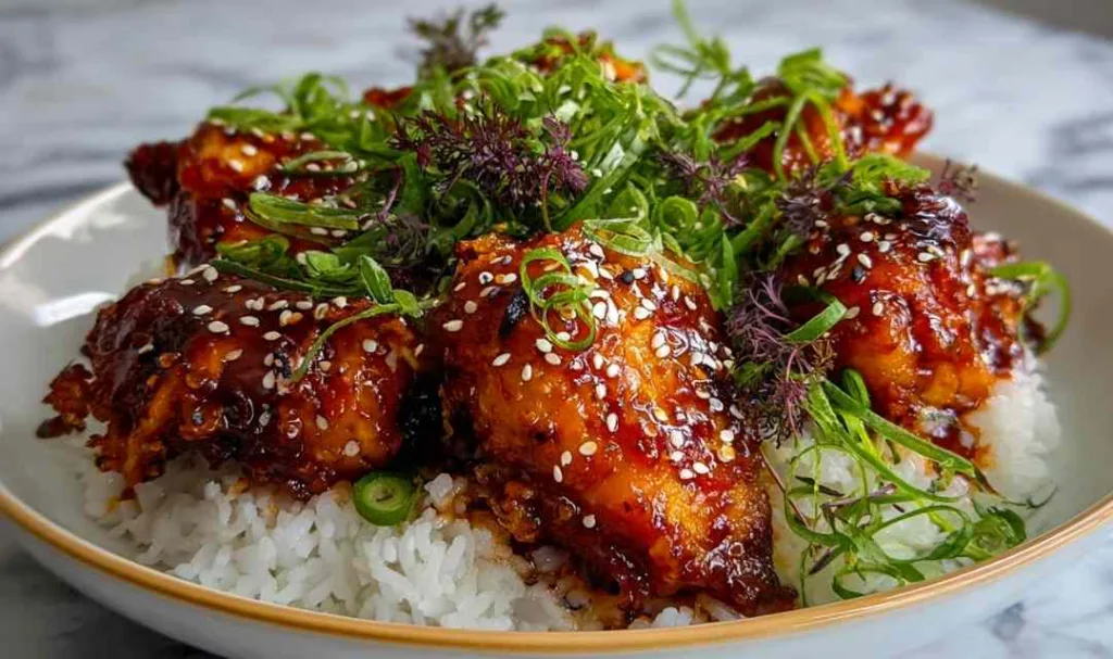 Sticky Honey Gochujang Chicken served over white rice with sesame seeds and green onions