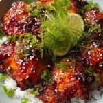 Sticky Honey Gochujang Chicken served over white rice with sesame seeds and green onions