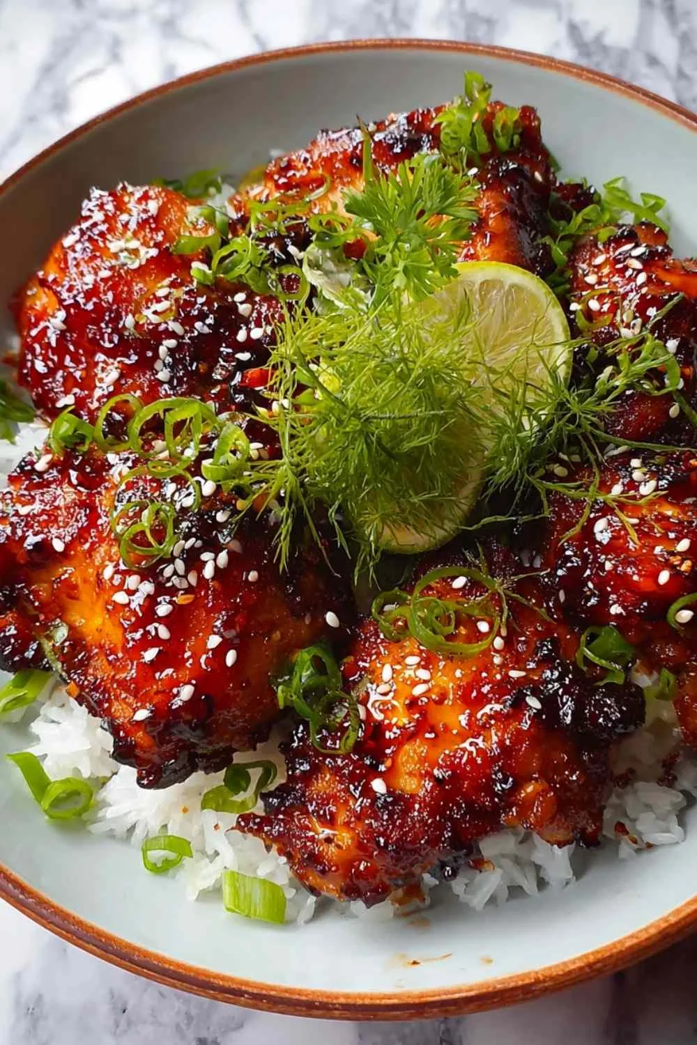 Sticky Honey Gochujang Chicken served over white rice with sesame seeds and green onions