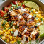 Street Corn Chicken Rice Bowl with grilled chicken, charred corn, avocado and cilantro in white bowl