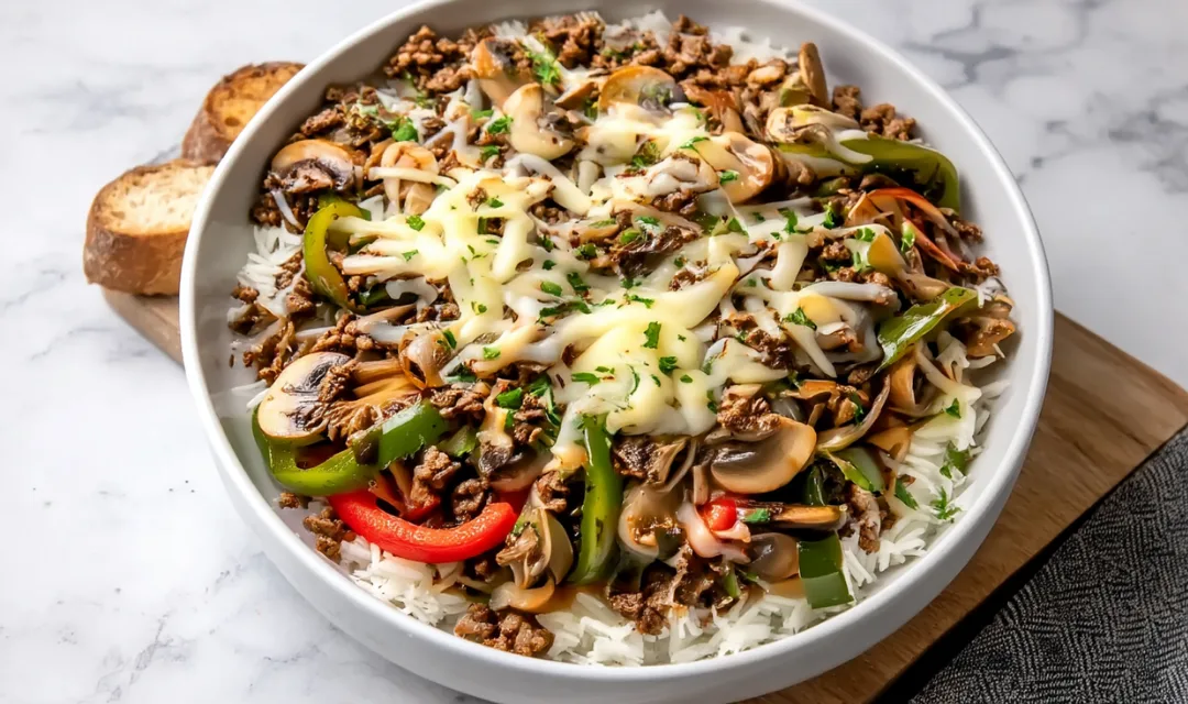 Ground Beef Philly Cheesesteak Meal Prep close up showing texture and detail