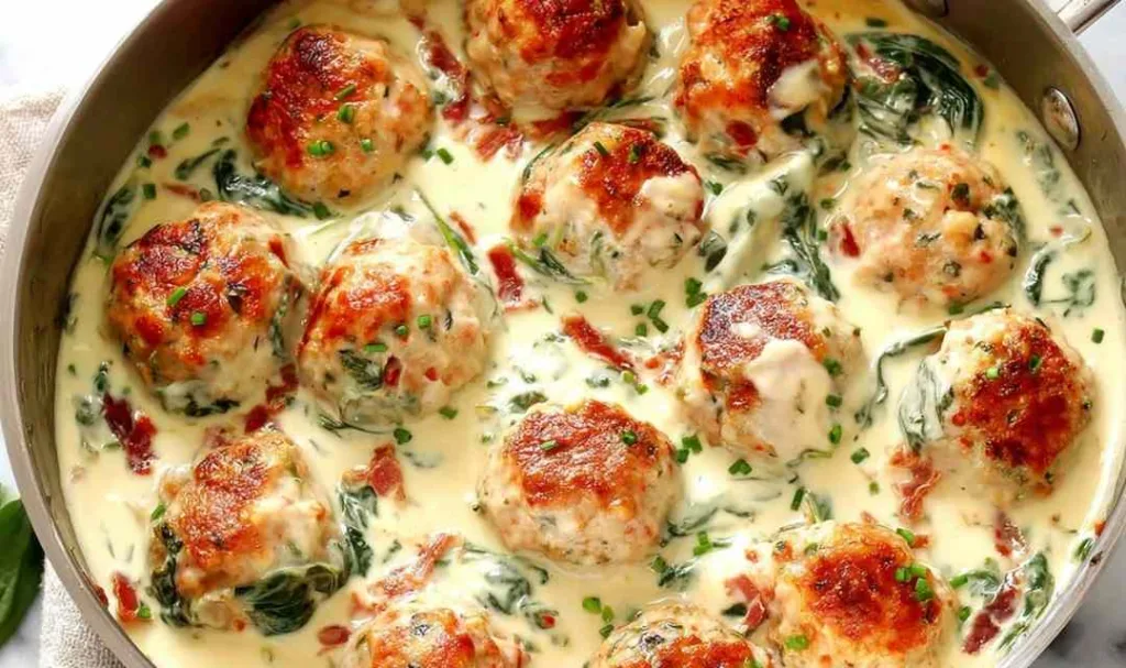 Baked Chicken Ricotta Meatballs with Spinach Alfredo Sauce