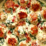 Baked Chicken Ricotta Meatballs with Spinach Alfredo Sauce