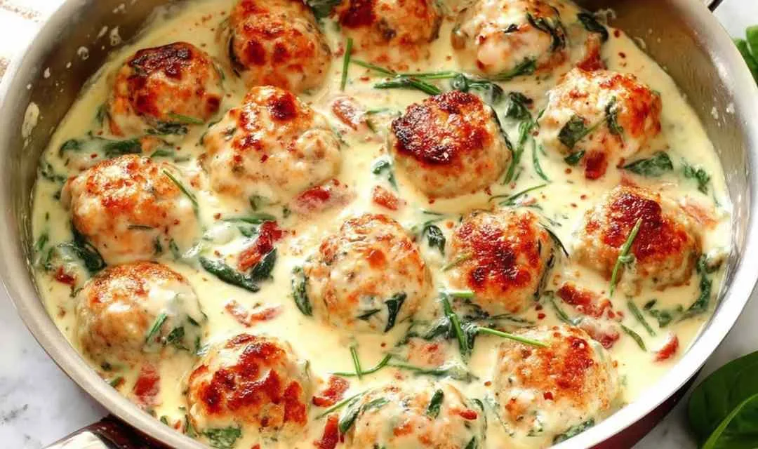 Baked Chicken Ricotta Meatballs with Spinach Alfredo Sauce