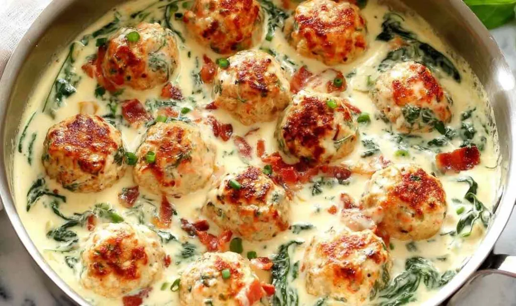 Baked Chicken Ricotta Meatballs with Spinach Alfredo Sauce