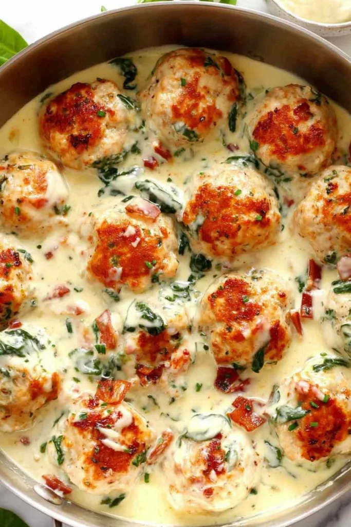 Baked Chicken Ricotta Meatballs with Spinach Alfredo Sauce