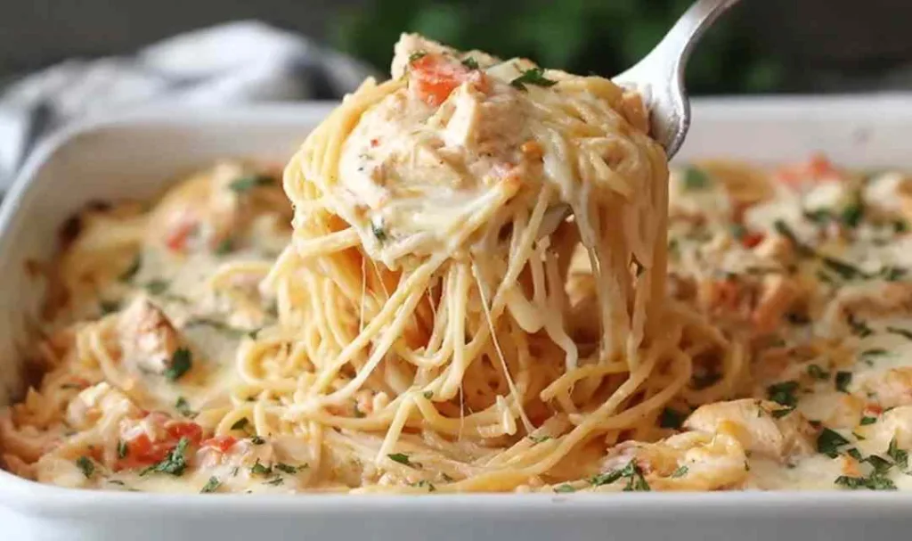 Creamy Rotel Chicken Spaghetti Casserole