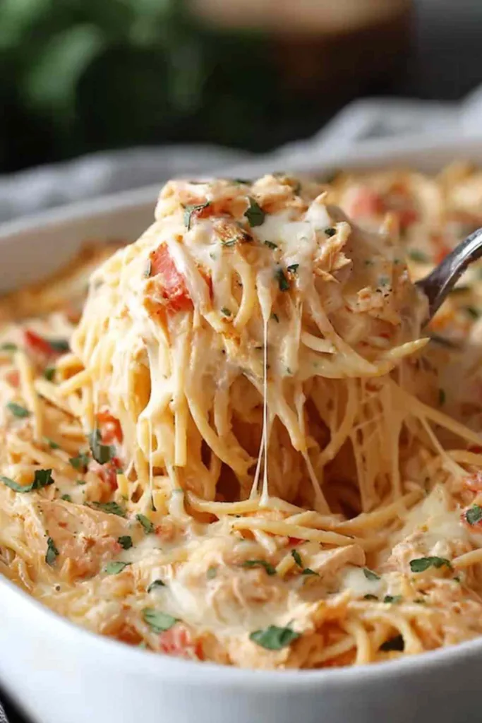 Creamy Rotel Chicken Spaghetti Casserole