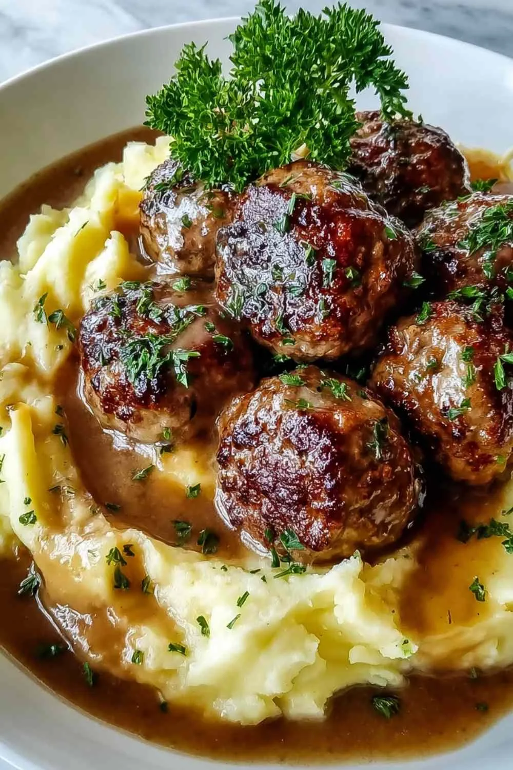 Salisbury Steak Meatballs with Garlic Herb Mashed Potatoes