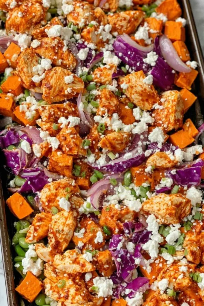 Sheet Pan Buffalo Chicken Sweet Potato Bowls